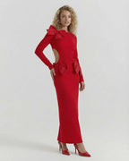 Celeste Maxi Dress by Lauven in elegant red with bow accents, perfect for autumn and winter occasions.