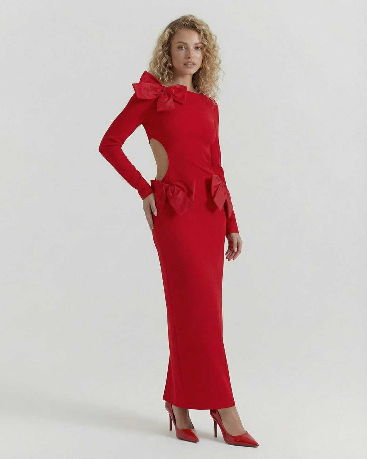 Celeste Maxi Dress by Lauven in elegant red with bow accents, perfect for autumn and winter occasions.