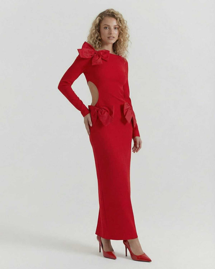 Celeste Maxi Dress by Lauven in elegant red with bow accents, perfect for autumn and winter occasions.