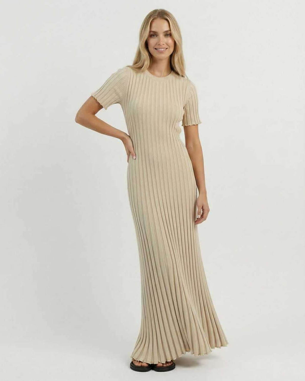 Celeste Maxi Dress by Lauven in elegant ribbed knit, showcasing a versatile beige tone and A-line silhouette.