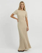 Celeste Maxi Dress by Lauven in elegant ribbed knit, showcasing a versatile beige tone and A-line silhouette.