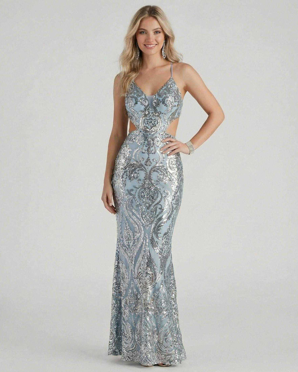 Celeste Maxi Dress by Lauven - Elegant sequin evening gown in blue with a mermaid silhouette and V-neckline.
