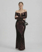 Celeste Maxi Dress by Lauven, an elegant sequined off-shoulder evening gown in deep brown.