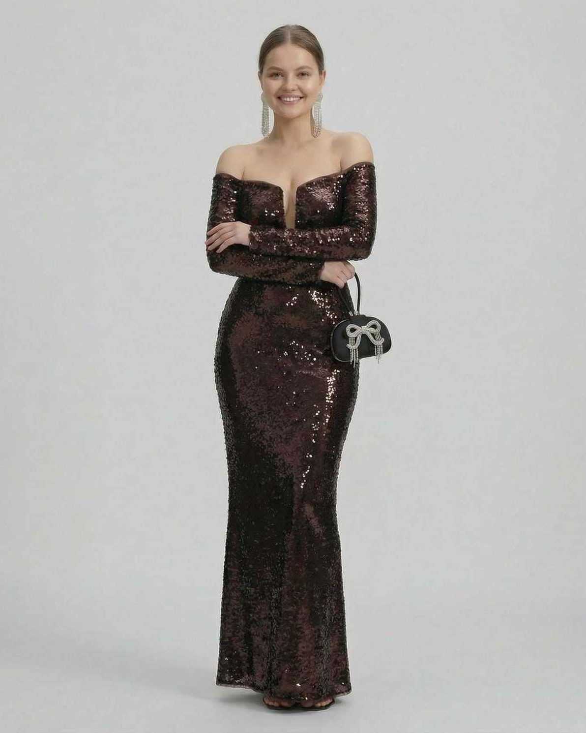 Celeste Maxi Dress by Lauven, an elegant sequined off-shoulder evening gown in deep brown.