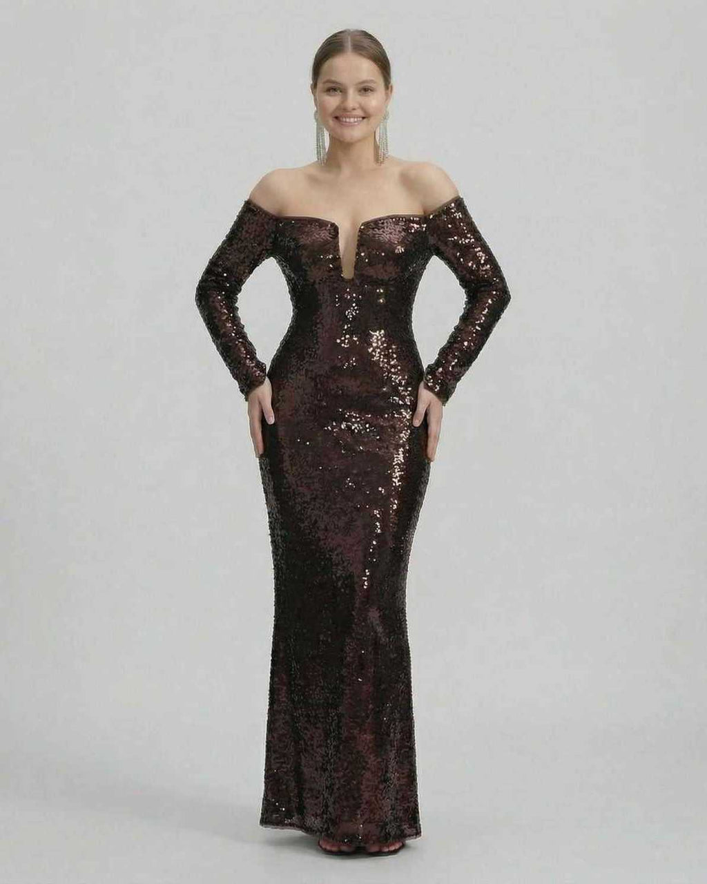 Celeste Maxi Dress by Lauven, an elegant sequined off-shoulder evening gown in rich deep brown.