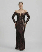 Celeste Maxi Dress by Lauven, an elegant sequined off-shoulder evening gown in rich deep brown.