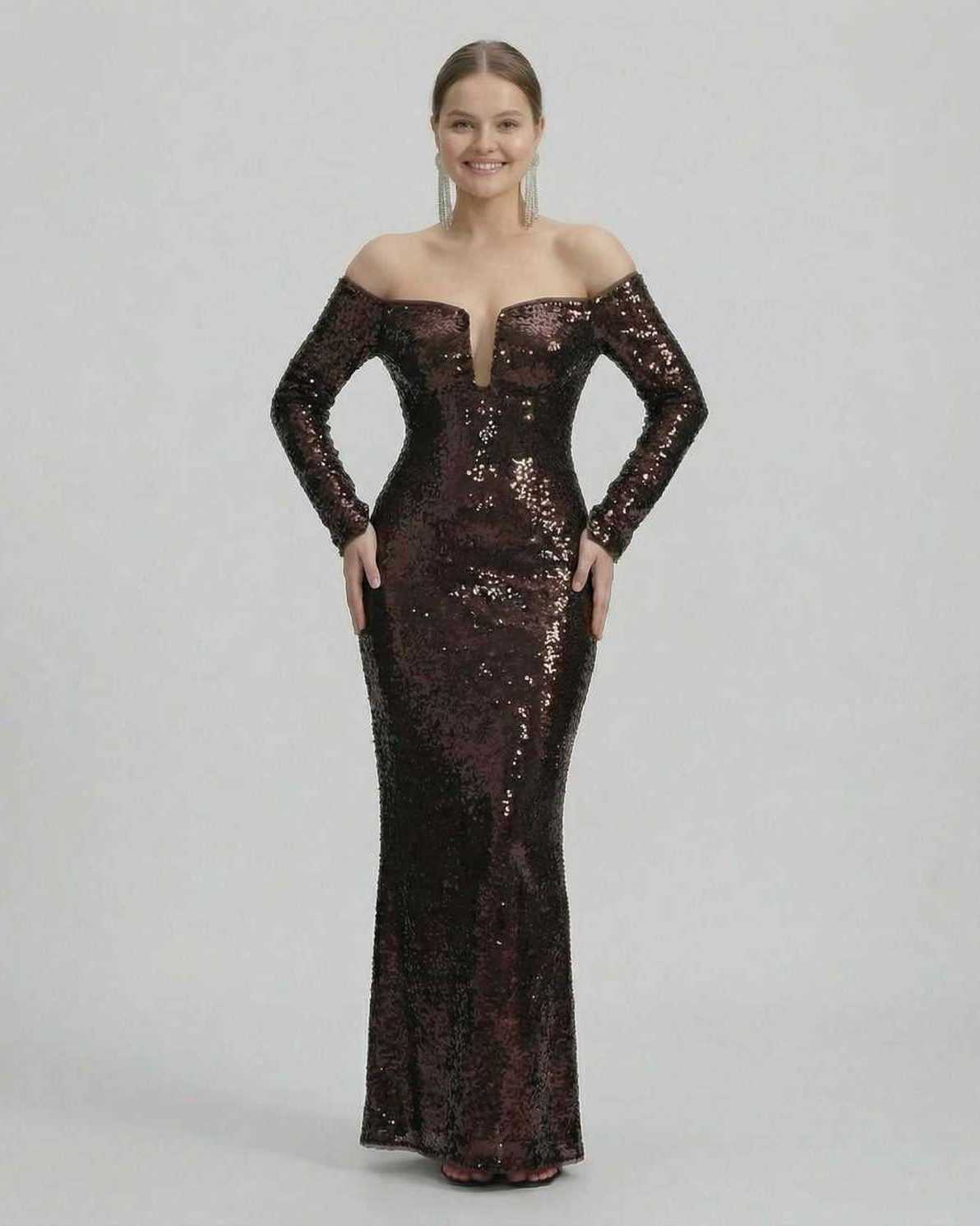 Celeste Maxi Dress by Lauven, an elegant sequined off-shoulder evening gown in rich deep brown.