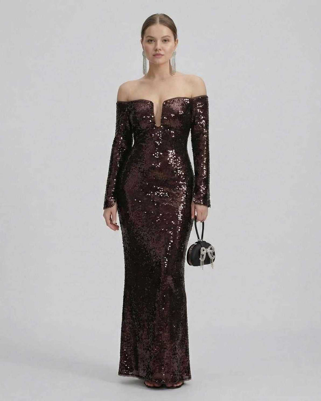 Celeste Maxi Dress by Lauven featuring an elegant off-shoulder design and sequined fabric perfect for evening events.