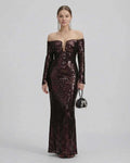 Celeste Maxi Dress by Lauven featuring an elegant off-shoulder design and sequined fabric perfect for evening events.