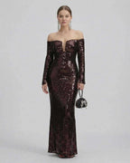 Celeste Maxi Dress by Lauven featuring an elegant off-shoulder design and sequined fabric perfect for evening events.