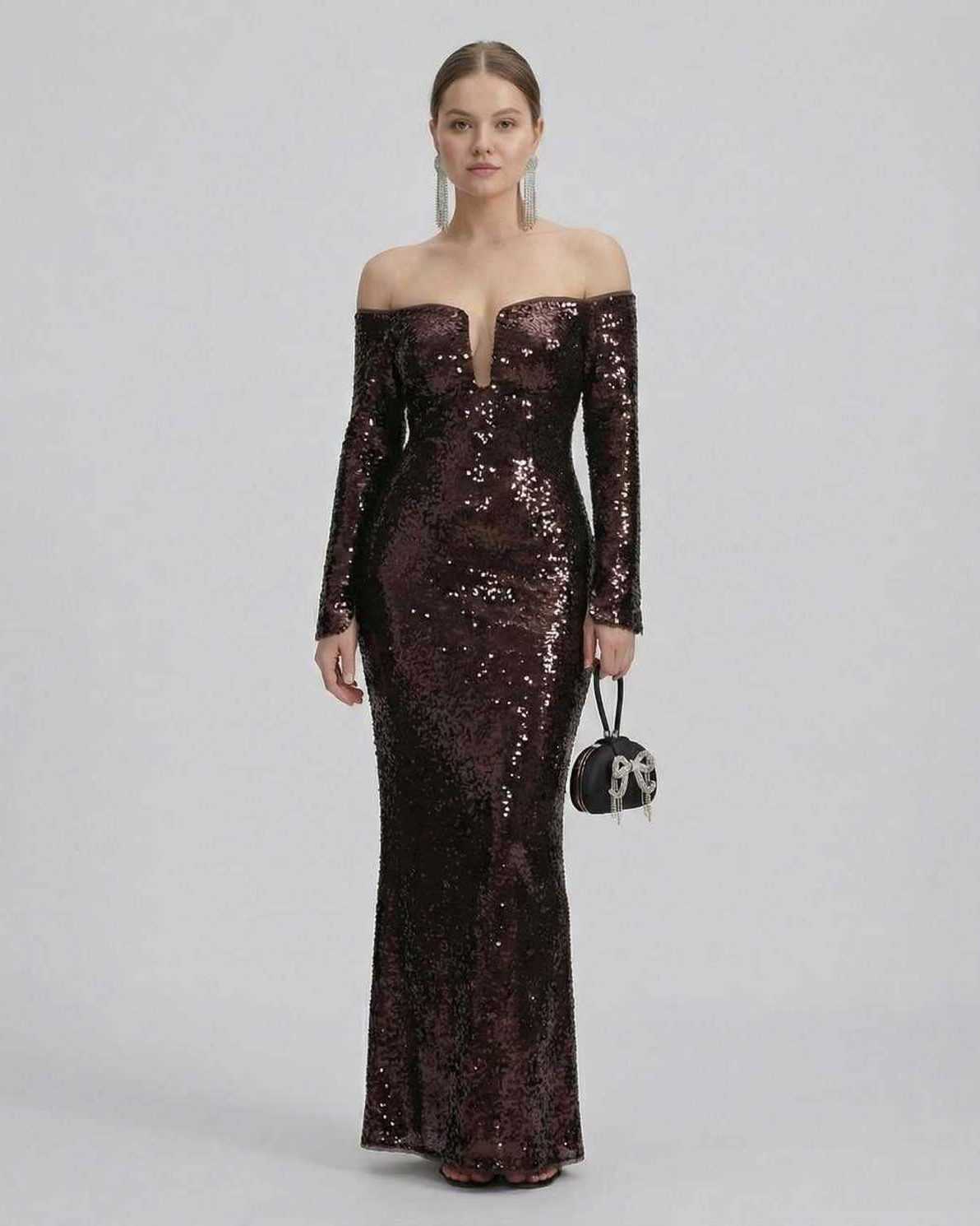 Celeste Maxi Dress by Lauven featuring an elegant off-shoulder design and sequined fabric perfect for evening events.