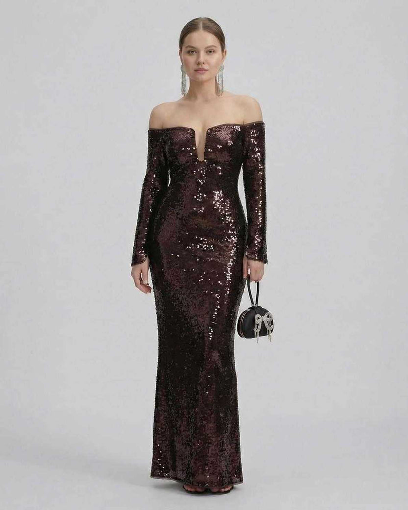 Celeste Maxi Dress by Lauven featuring an elegant off-shoulder design and sequined fabric perfect for evening events.