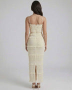 Celeste Maxi Dress by Lauven featuring a refined sheath silhouette with delicate spaghetti straps in soft ivory.