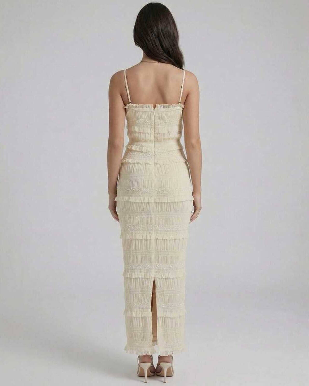 Celeste Maxi Dress by Lauven featuring a refined sheath silhouette with delicate spaghetti straps in soft ivory.