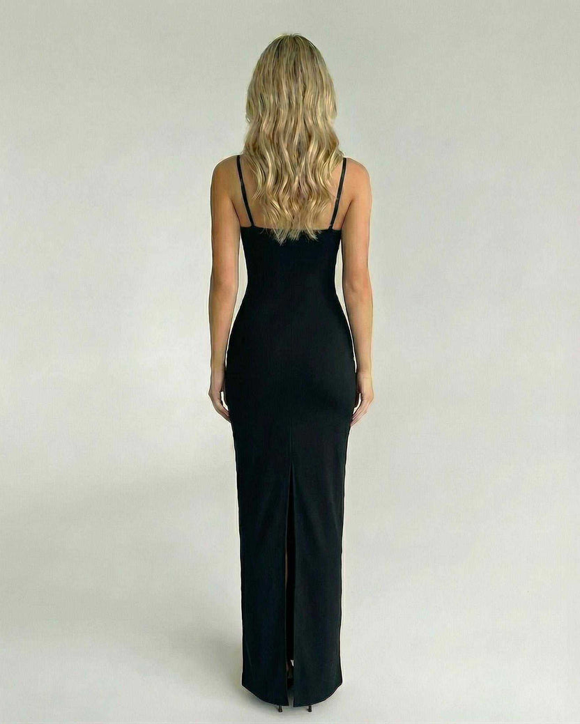 Celeste Maxi Dress by Lauven, showcasing a sleek black silhouette with lace bodice and elegant back view.
