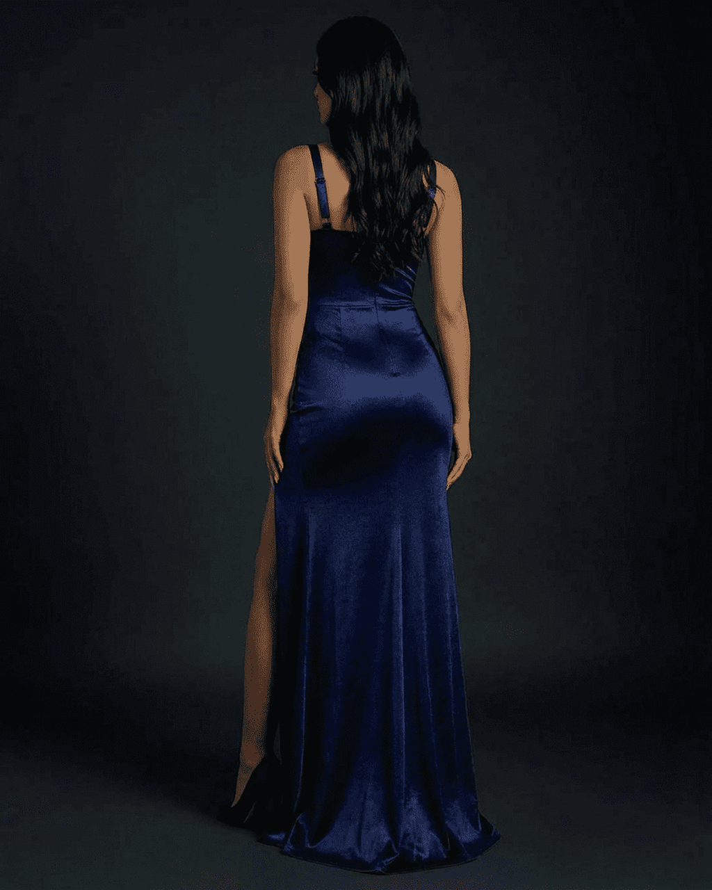 Back view of the Celeste Maxi Dress by Lauven, showcasing its luxurious satin finish and elegant mermaid silhouette.