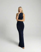 Celeste Maxi Dress by Lauven, sleek navy sleeveless evening gown with high neckline and slim silhouette.