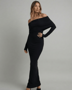 Celeste Maxi Dress by Lauven, off-shoulder long sleeve black formal gown with sleek pencil silhouette.
