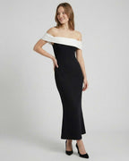 Celeste Maxi Dress by Lauven featuring an elegant off-shoulder silhouette in black and white.
