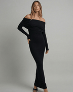 Celeste Maxi Dress by Lauven - Elegant off-shoulder long sleeve black dress with sleek silhouette.