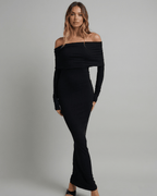 Celeste Maxi Dress by Lauven, featuring off-shoulder long sleeves and a sleek ankle-length silhouette.