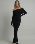 Celeste Maxi Dress by Lauven, featuring an off-shoulder neckline and sleek formal silhouette.