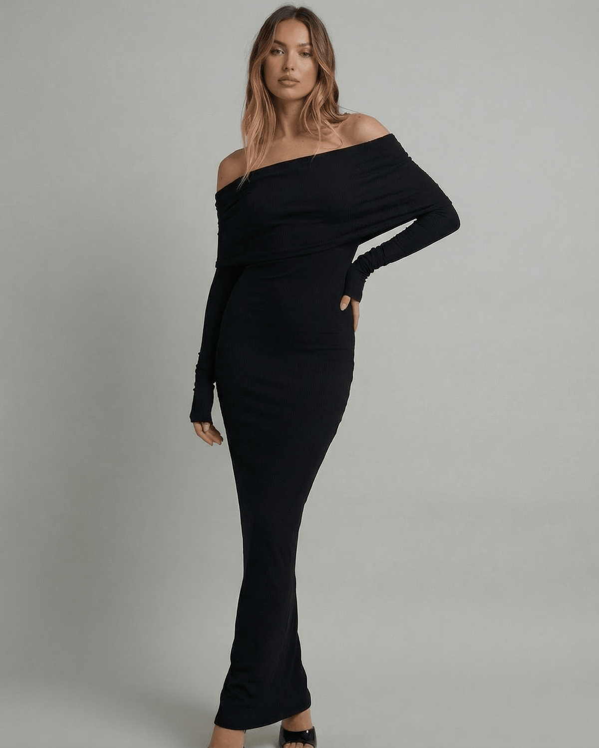 Celeste Maxi Dress by Lauven, featuring an off-shoulder neckline and sleek formal silhouette.