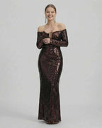 Celeste Maxi Dress by Lauven, elegant sequined off-shoulder evening gown in deep brown.