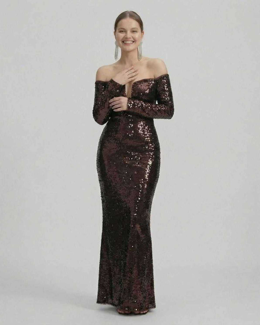 Celeste Maxi Dress by Lauven, elegant sequined off-shoulder evening gown in deep brown.