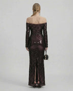 Celeste Maxi Dress by Lauven, elegant sequined off-shoulder gown in deep brown, showcasing a stylish fitted silhouette.