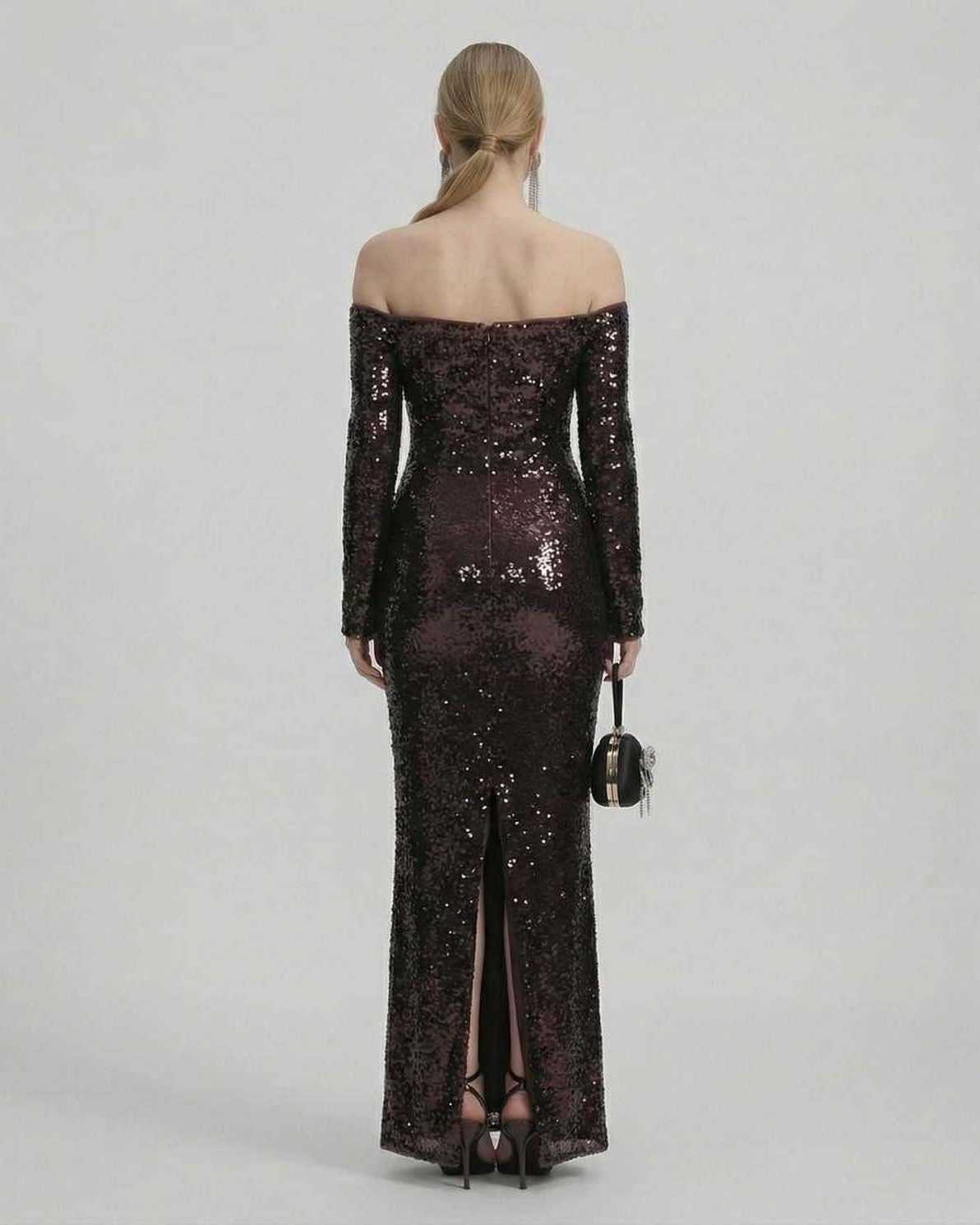 Celeste Maxi Dress by Lauven, elegant sequined off-shoulder gown in deep brown, showcasing a stylish fitted silhouette.