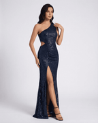 Celeste Maxi Dress by Lauven, a stunning one shoulder sequin evening gown with cutouts and a figure-hugging silhouette.