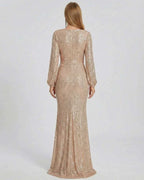 Celeste Maxi Dress by Lauven in elegant sequin design, showcasing the back view in shimmering beige.
