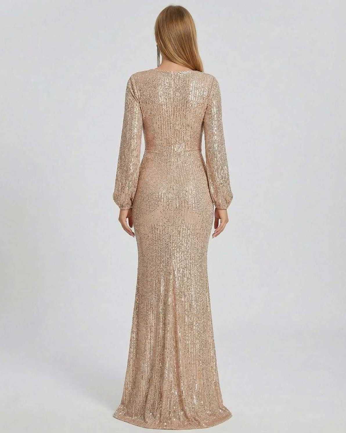 Celeste Maxi Dress by Lauven in elegant sequin design, showcasing the back view in shimmering beige.