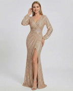 Celeste Maxi Dress by Lauven in shimmering sequin detail, showcasing a glamorous V-neckline and thigh-high slit.