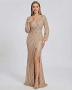 Celeste Maxi Dress by Lauven, featuring radiant sequin embellishment and glamorous V-neckline.