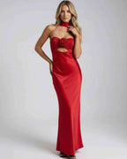 Celeste Maxi Dress by Lauven in radiant red satin, featuring a strapless design and elegant fit and flare silhouette.
