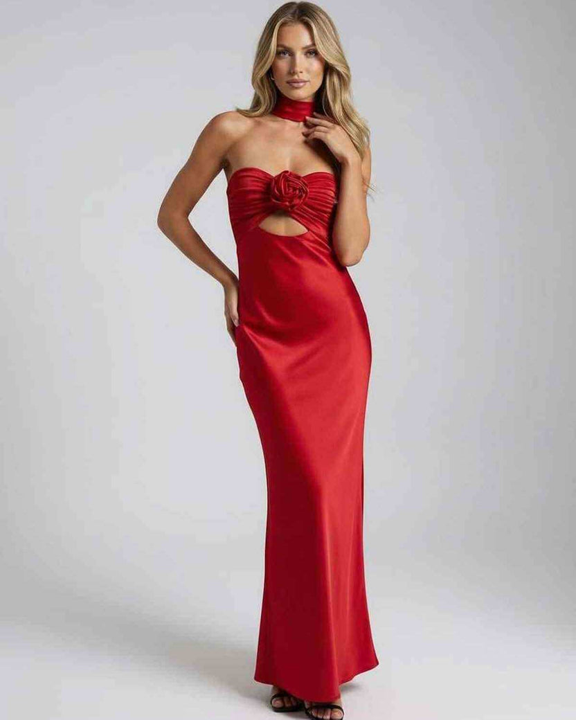 Celeste Maxi Dress by Lauven in radiant red satin, featuring a strapless design and elegant fit and flare silhouette.