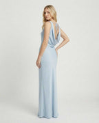 Celeste Maxi Dress by Lauven — Satin-effect cowl neck sleeveless maxi dress in light blue.