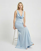 Celeste Maxi Dress by Lauven, satin-effect sleeveless dress with cowl neckline, showcasing a refined bodycon fit.