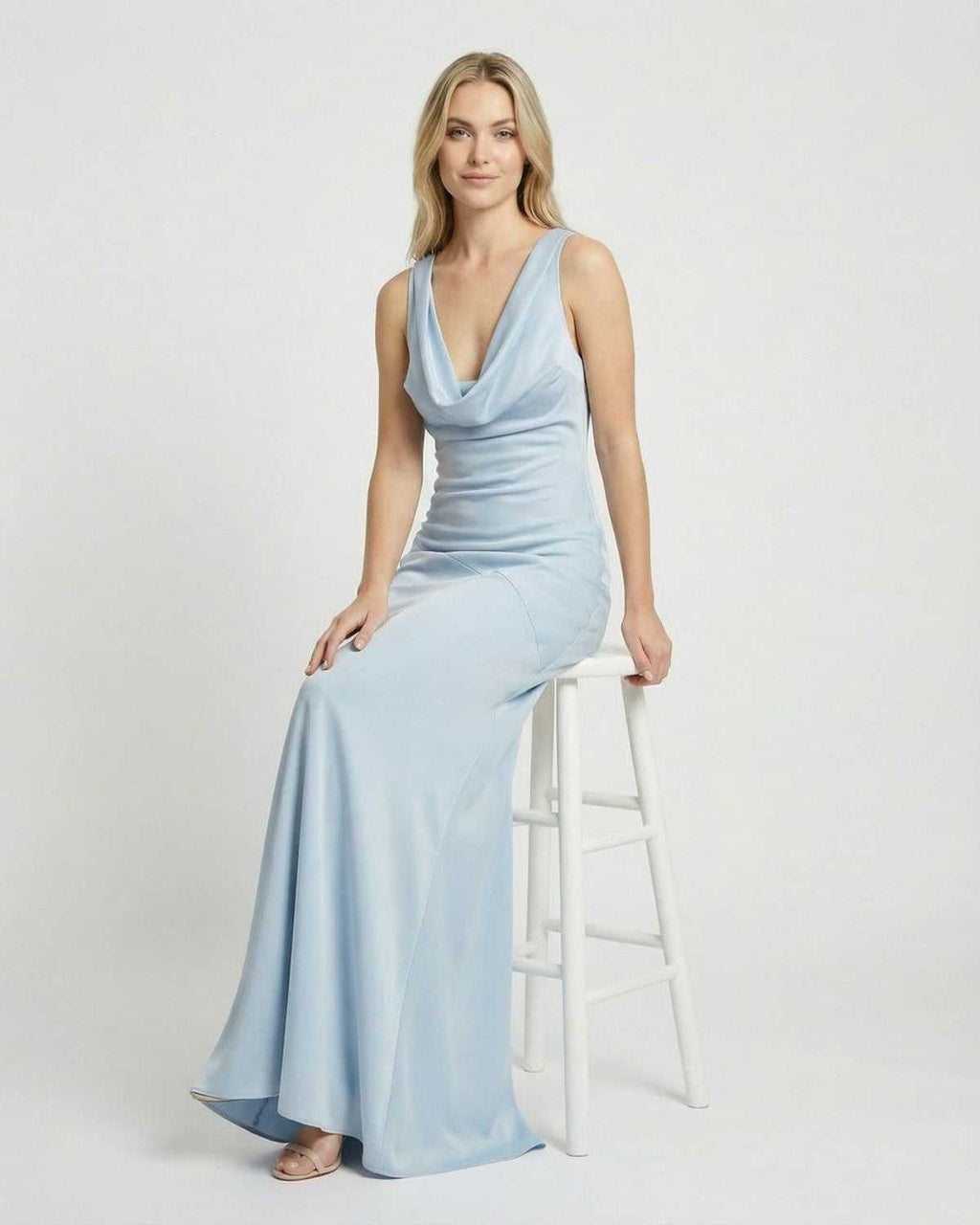 Celeste Maxi Dress by Lauven in light blue with a satin-effect cowl neck and sleek silhouette.