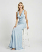 Celeste Maxi Dress by Lauven in light blue with a satin-effect cowl neck and sleek silhouette.