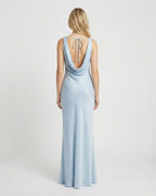 Celeste Maxi Dress by Lauven - Back view of satin-effect sleeveless gown with draped cowl neckline in light blue.