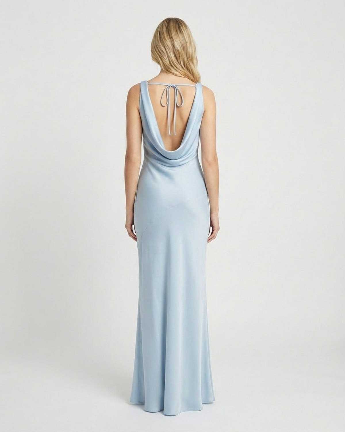 Celeste Maxi Dress by Lauven - Back view of satin-effect sleeveless gown with draped cowl neckline in light blue.