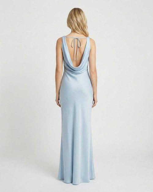 Celeste Maxi Dress by Lauven - Back view of satin-effect sleeveless gown with draped cowl neckline in light blue.