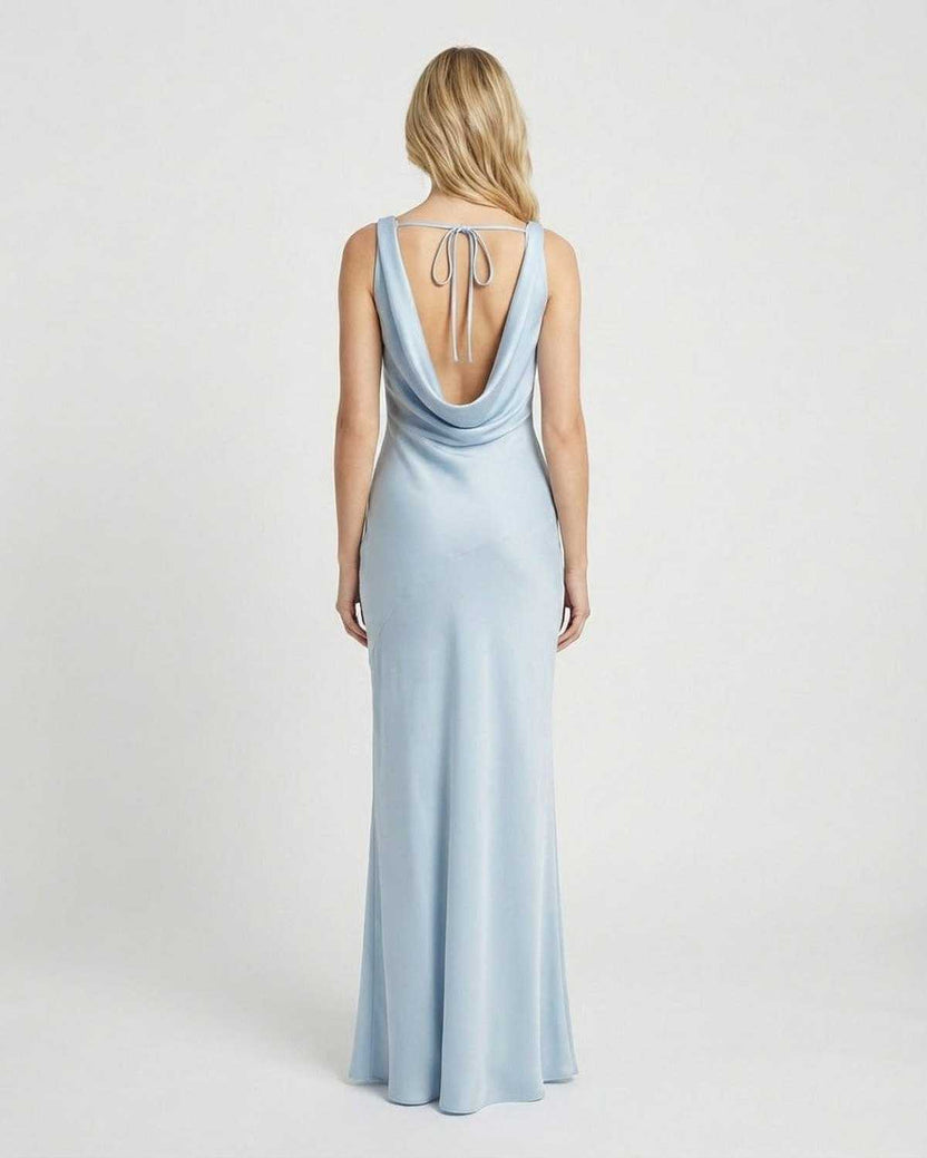 Celeste Maxi Dress by Lauven - Back view of satin-effect sleeveless gown with draped cowl neckline in light blue.