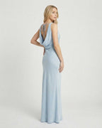 Celeste Maxi Dress by Lauven, showcasing a satin-effect cowl neck and elegant sleeveless design in light blue.