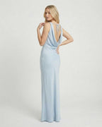 Celeste Maxi Dress by Lauven in soft blue, showcasing a fluid satin-effect finish and elegant cowl neckline from the back.