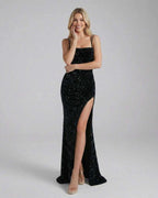 Celeste Maxi Dress by Lauven featuring sequin embellishment and high slit, perfect for elegant evening events.