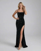 Celeste Maxi Dress by Lauven featuring sequin embellishment and high slit for an elegant evening look.